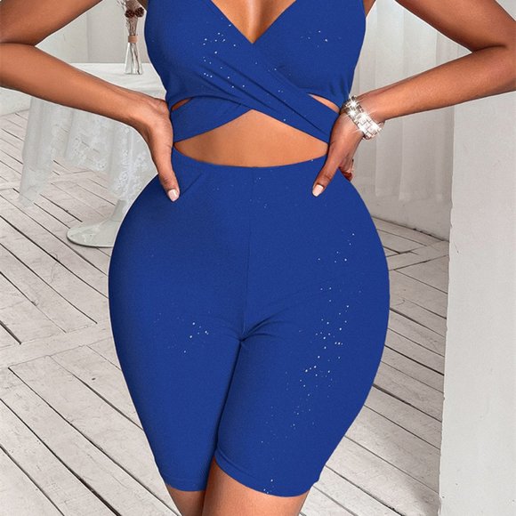 Women's Solid Color Yoga-ready Crossover Crop Cutout Jumpsuit Short Tights - Picture 2 of 2